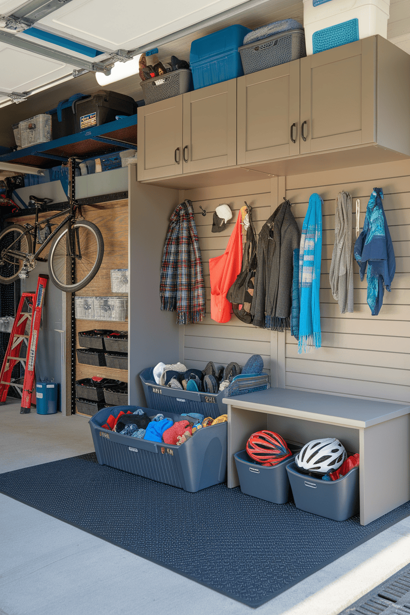 Organized garage mudroom with shelves, hooks, and storage bins for seasonal gear.