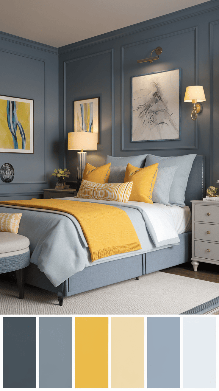 A stylish bedroom featuring gray blue walls and bright yellow accents.