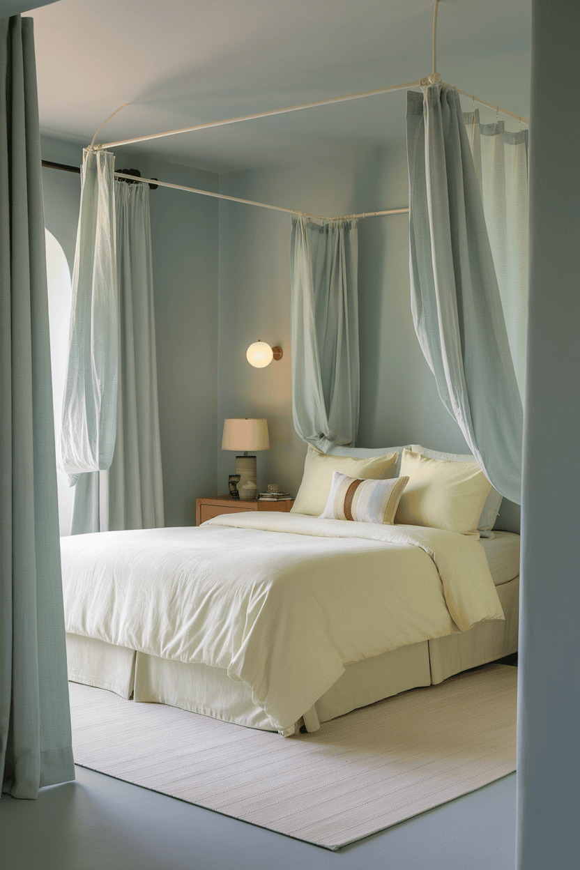 A serene bedroom featuring soft yellow bedding and blue curtains, exuding a calming atmosphere.