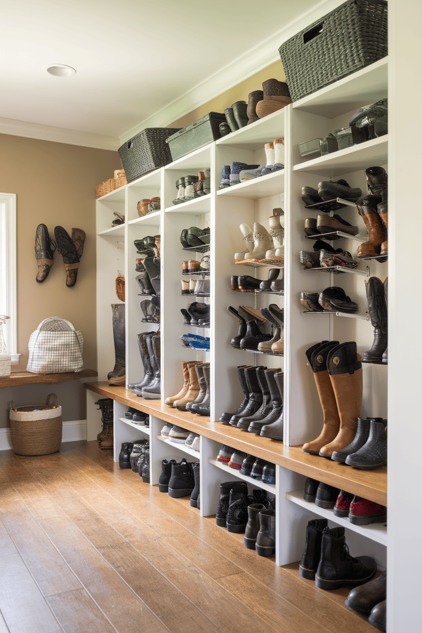 A well-organized closet with shelves displaying various shoes and boots, along with storage baskets.