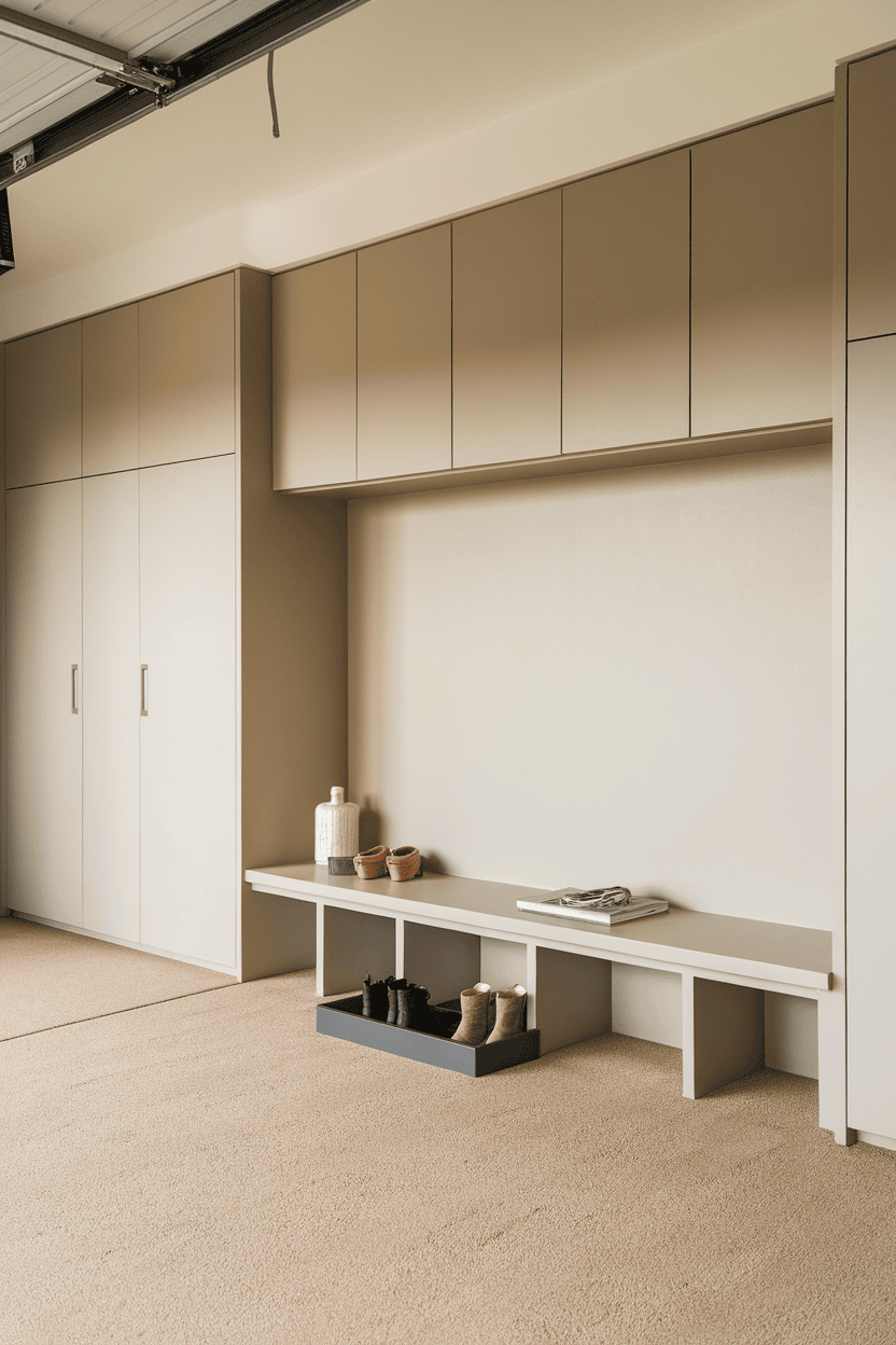 A minimalist garage mudroom with neutral tones and a clean design, featuring storage cabinets and a bench.