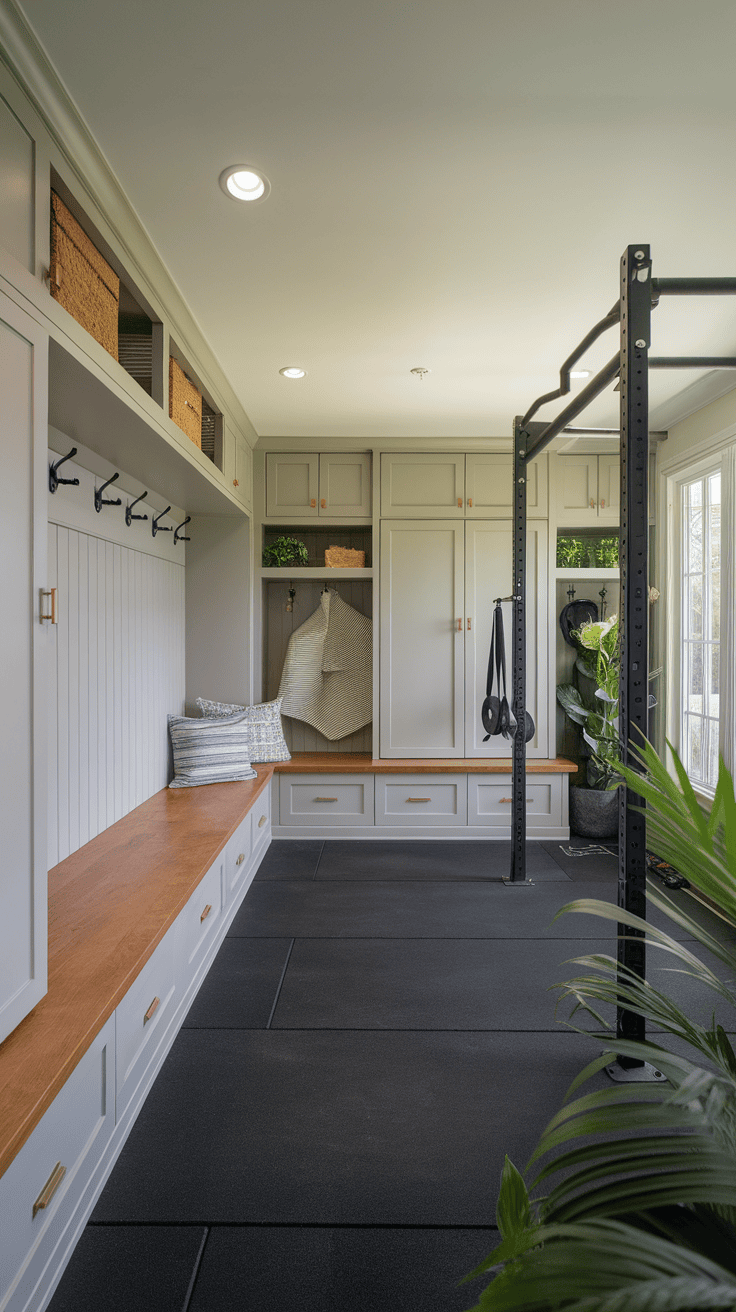 A modern mudroom gym with built-in storage, a bench, and workout equipment.