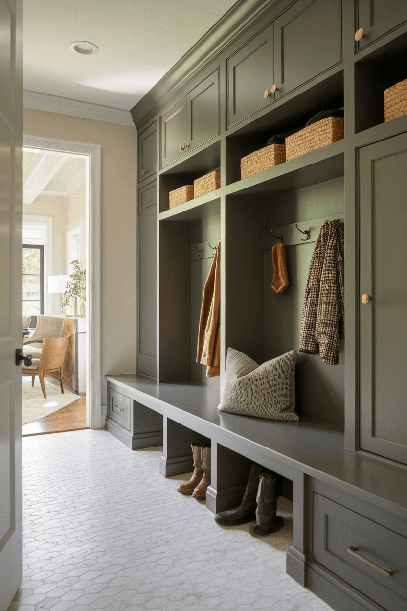 A narrow mudroom with sleek cabinets, hooks for hanging, and storage baskets.