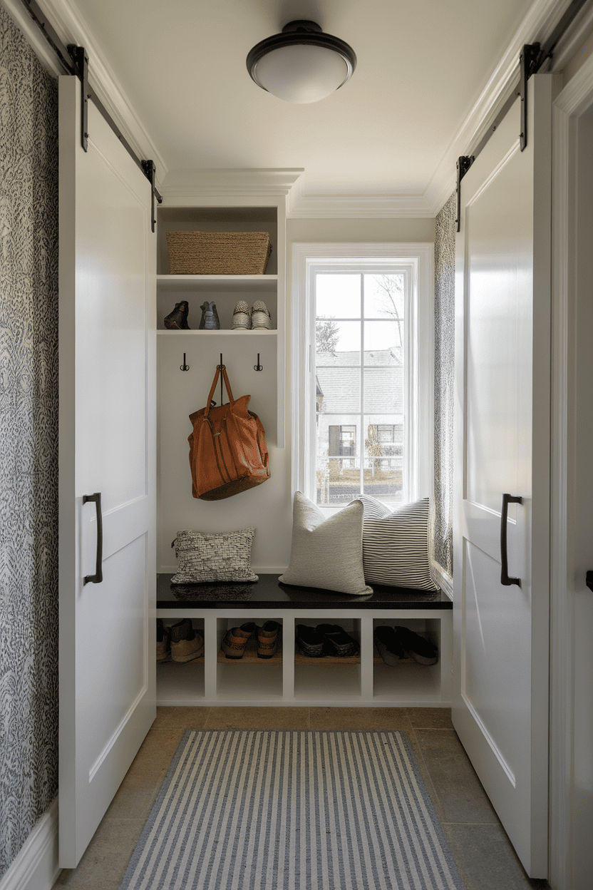 Narrow mudroom entryway with sliding doors, shelves, and a window.