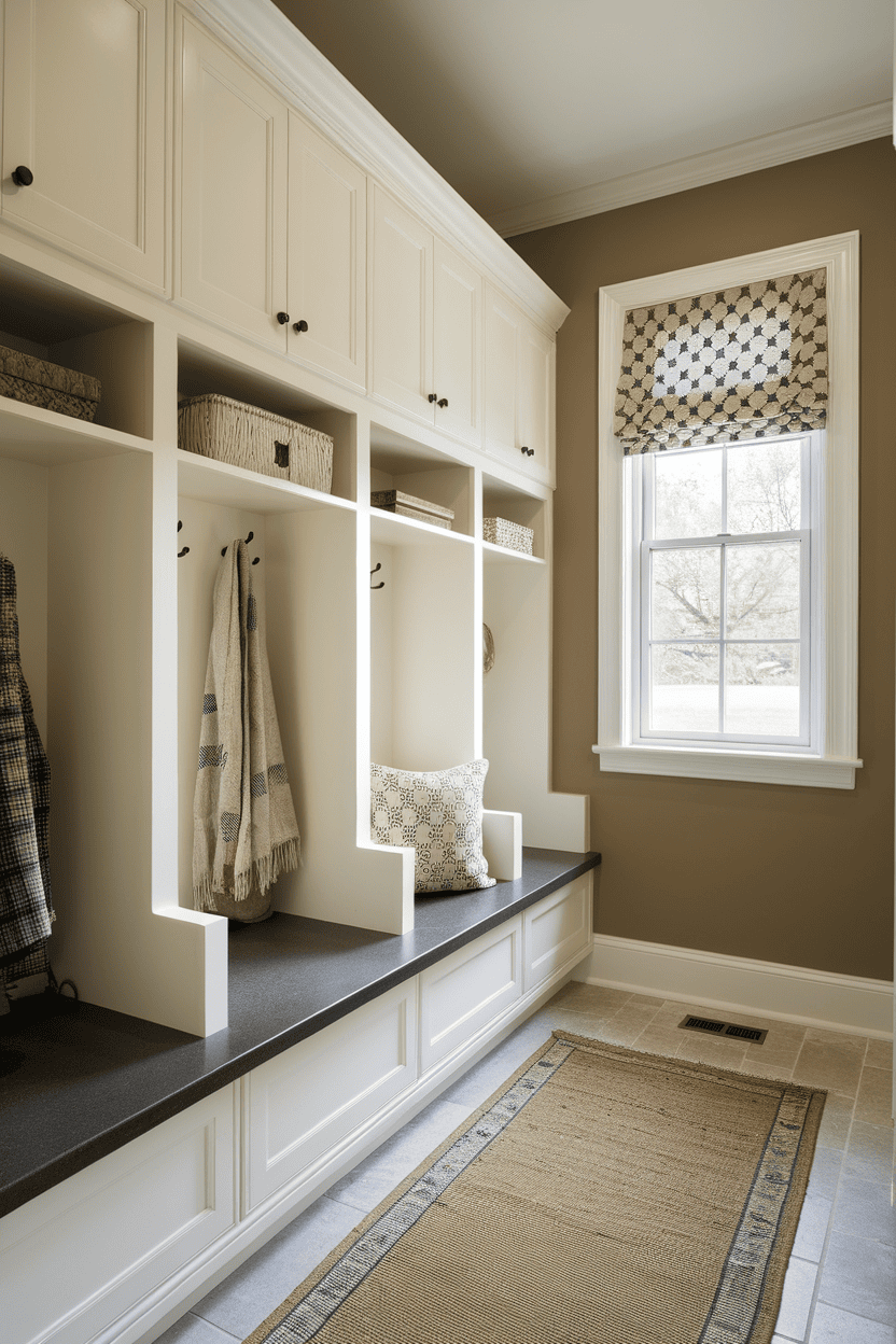 A well-organized small mudroom featuring white cabinets, hooks for coats, and a cozy bench.