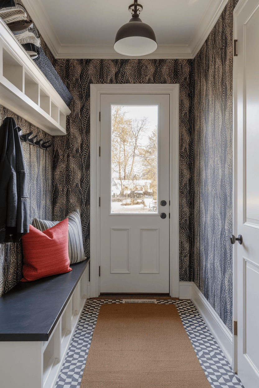 Small mudroom entryway with bold wallpaper, storage, seating, and door