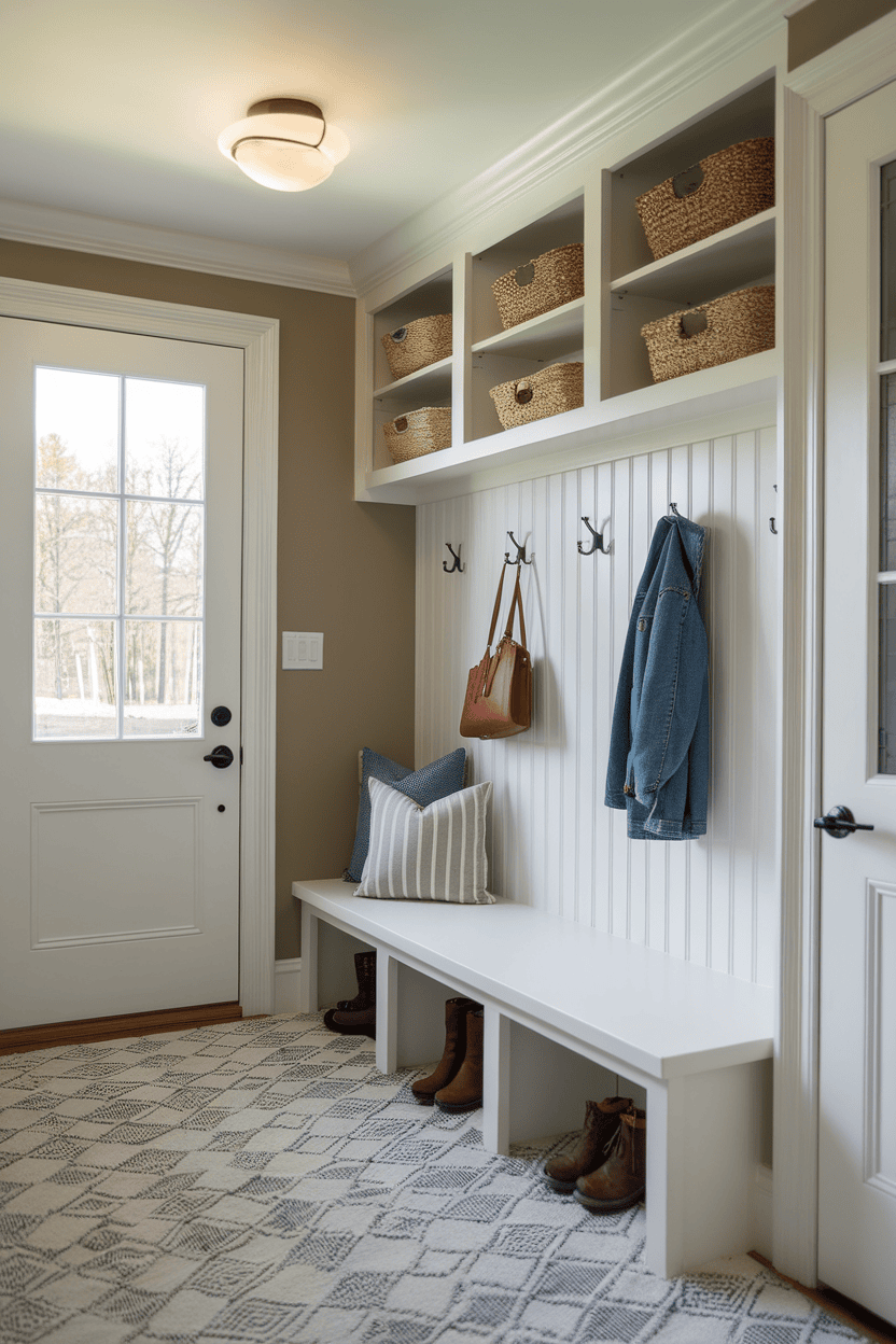 Cozy mudroom with a built-in bench, hooks, and storage baskets