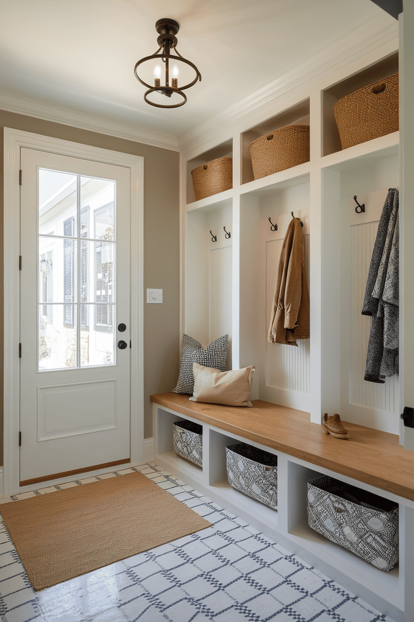 A small mudroom with custom locker storage, including a bench and baskets for organization.