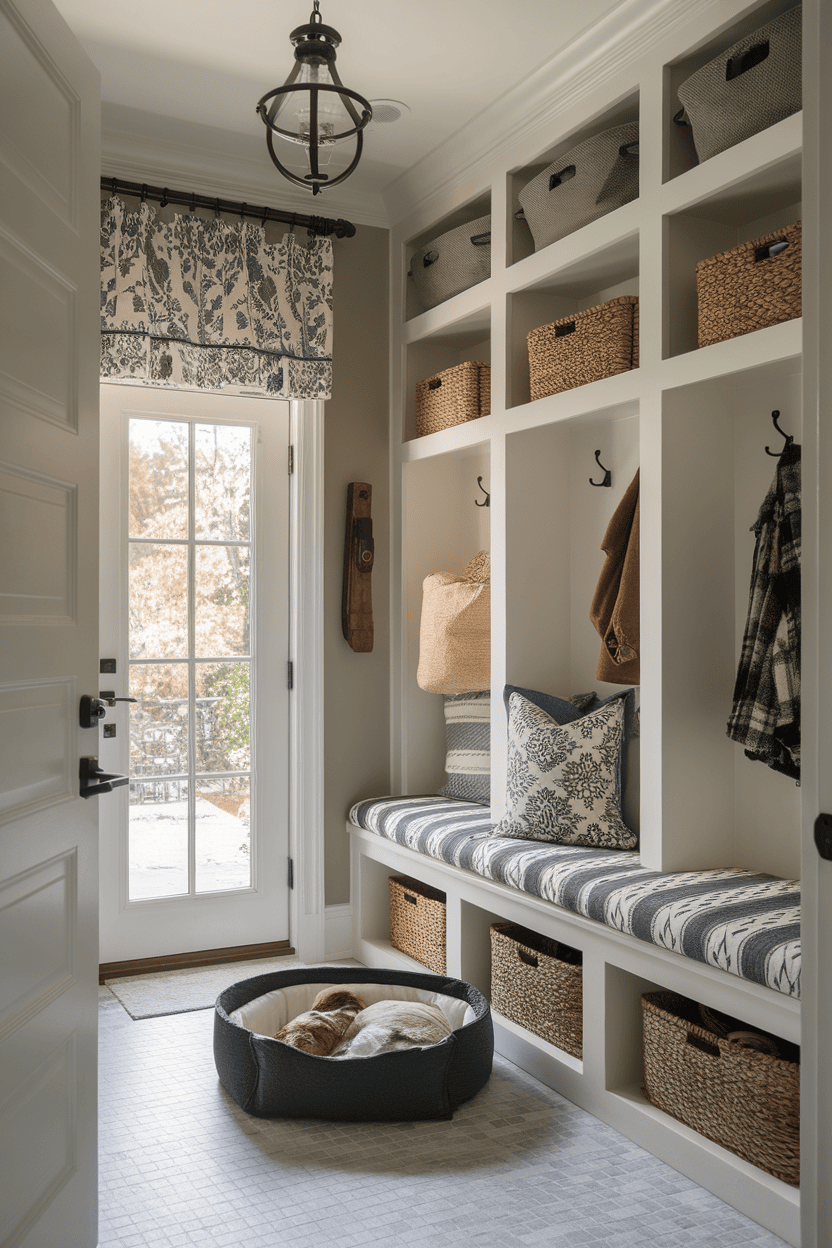 A small mudroom featuring a bench, storage baskets, and a dog bed, with light coming from a door.