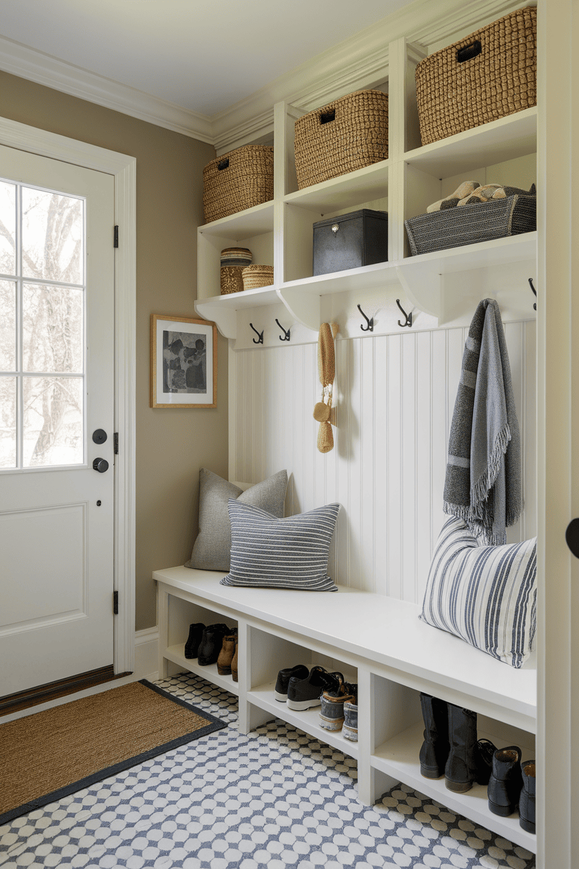 Small mudroom entryway featuring floating shelves, organized storage, and a cozy seating area.