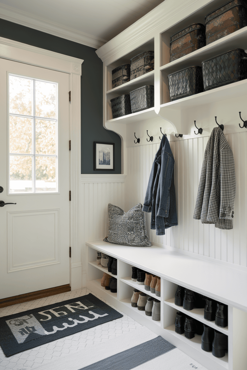 Cozy mudroom with wall-mounted shoe racks, hooks, and a bench for seating.