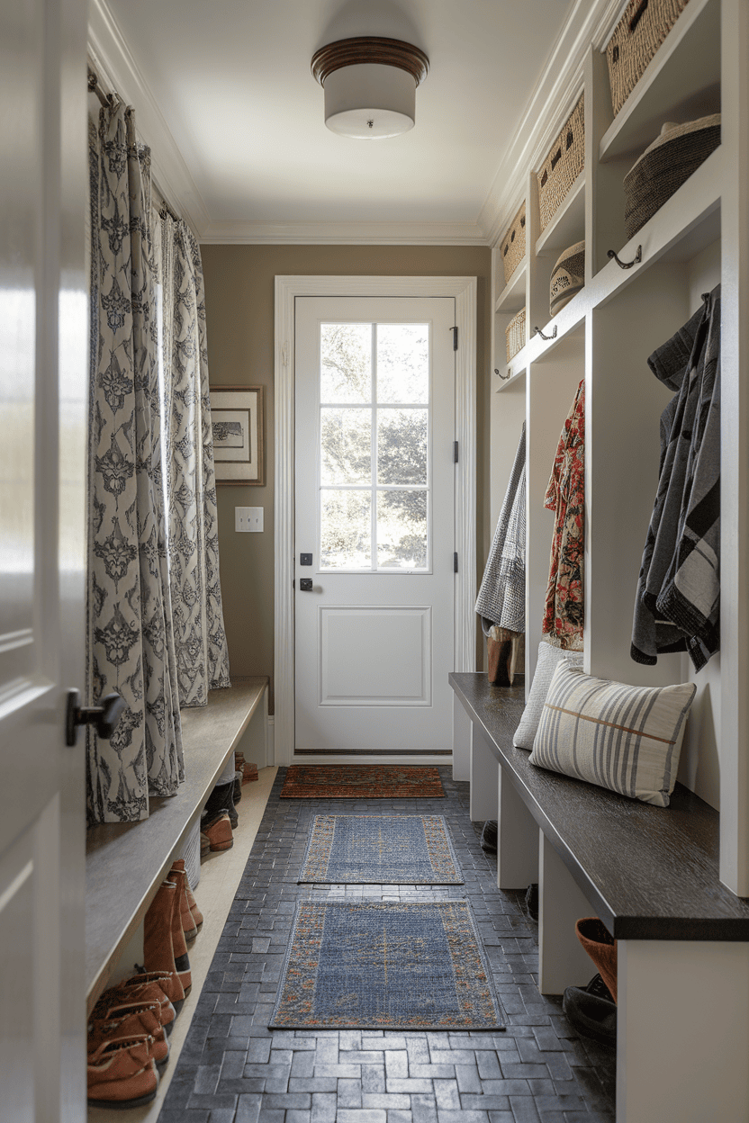 A narrow mudroom entryway with a stylish rug, coat hooks, and organized storage.