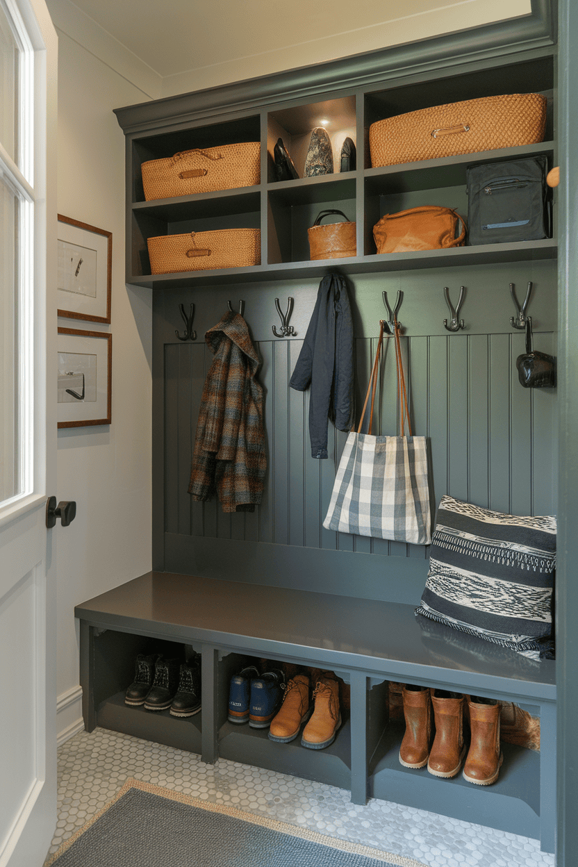 A narrow mudroom entryway featuring hooks and storage baskets, ideal for organization.