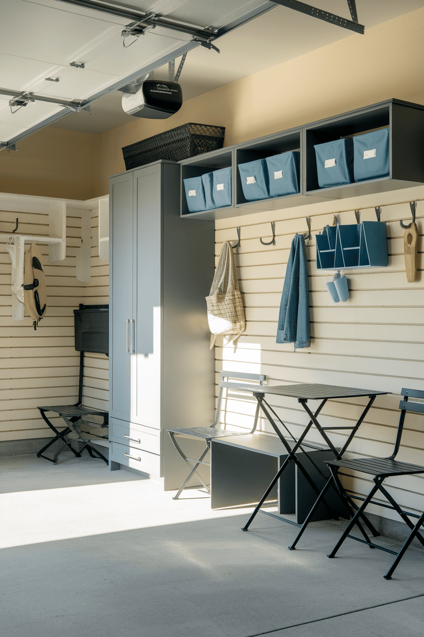 A well-organized small garage mudroom with storage bins and seating.