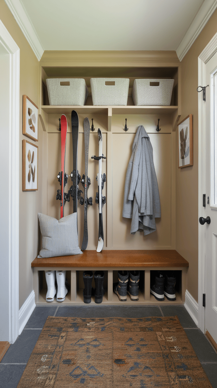 A well-organized small mudroom with shelves, hooks, and a bench for storage.