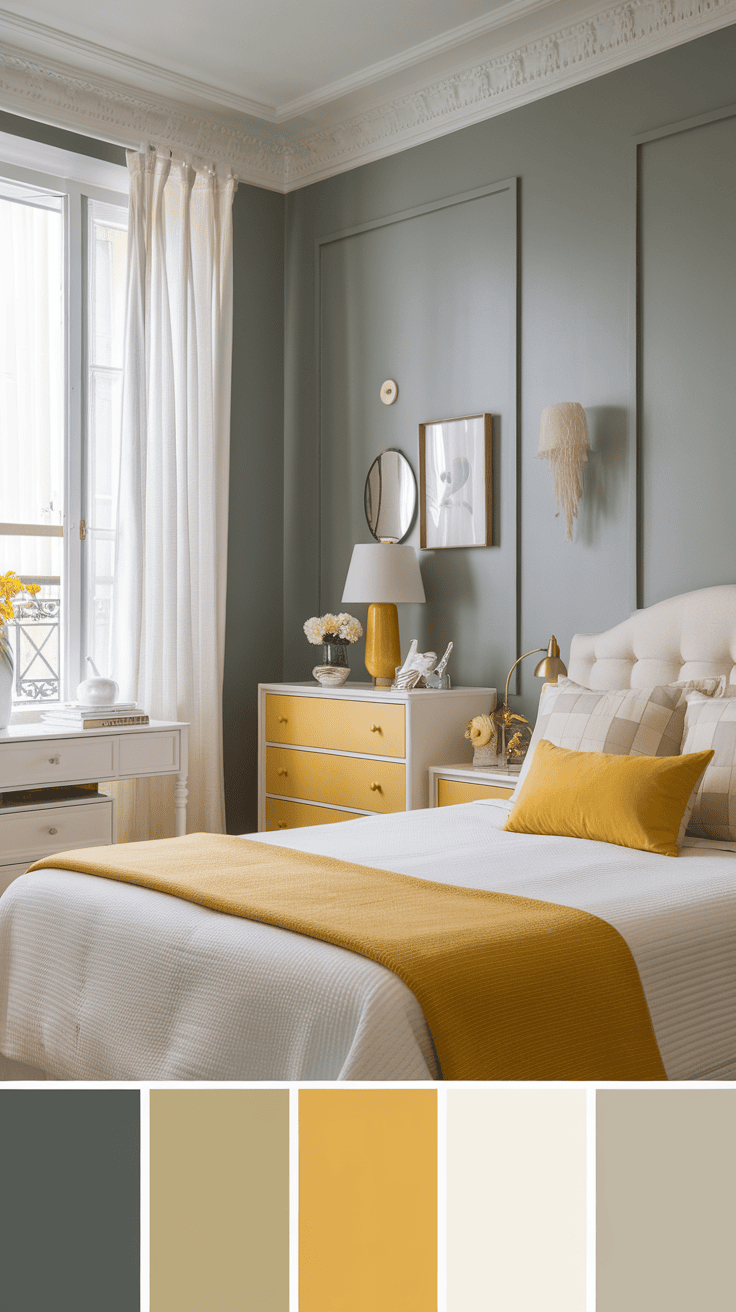 A well-decorated bedroom featuring soft gray walls, a white quilted bedspread, and yellow accents.