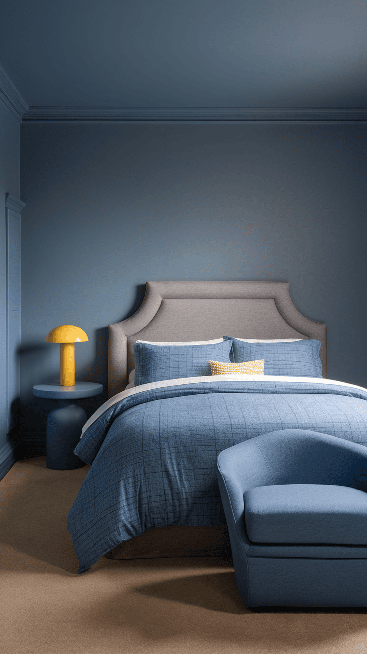 A stylish gray blue yellow bedroom featuring a blue bedspread, gray headboard, and yellow lamp.