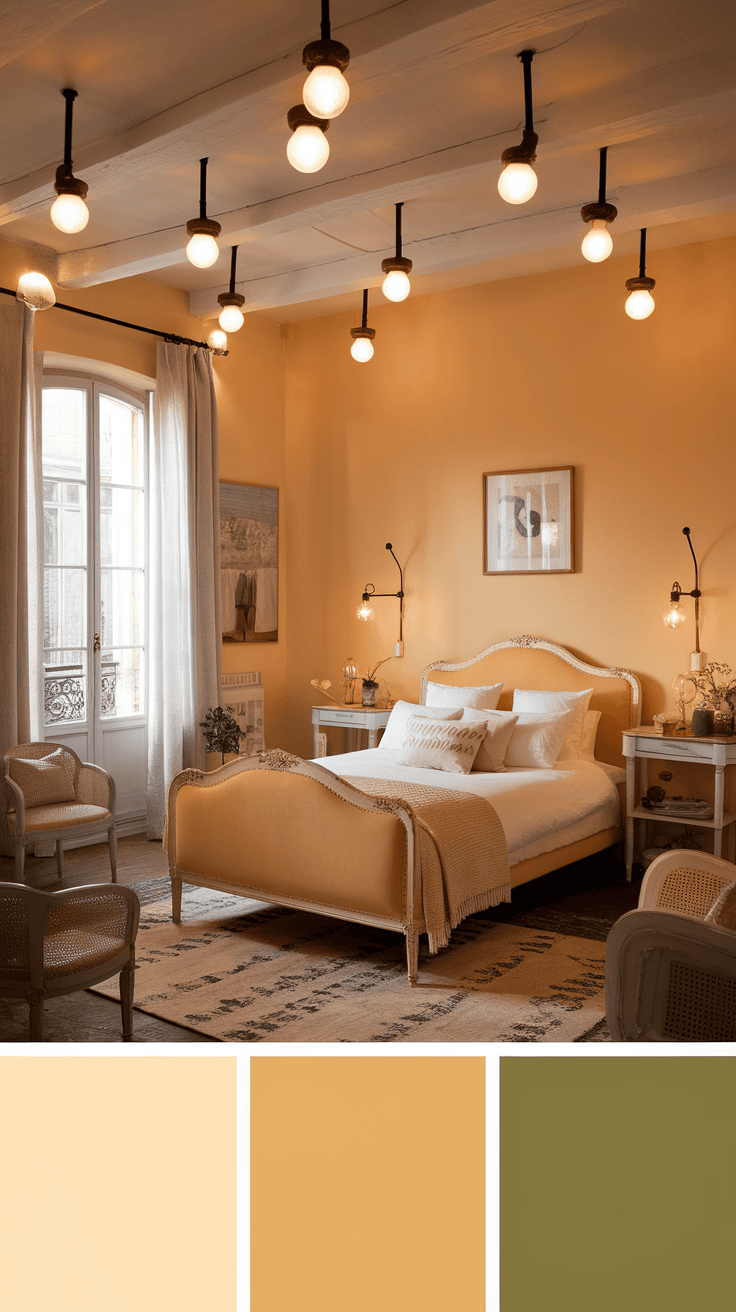 A cozy bedroom with soft lighting and rustic fixtures, featuring warm colors and a welcoming atmosphere.