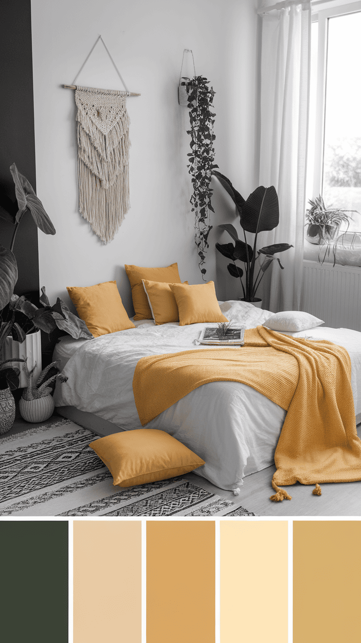 A cozy bedroom with yellow accents and a monochrome color scheme.