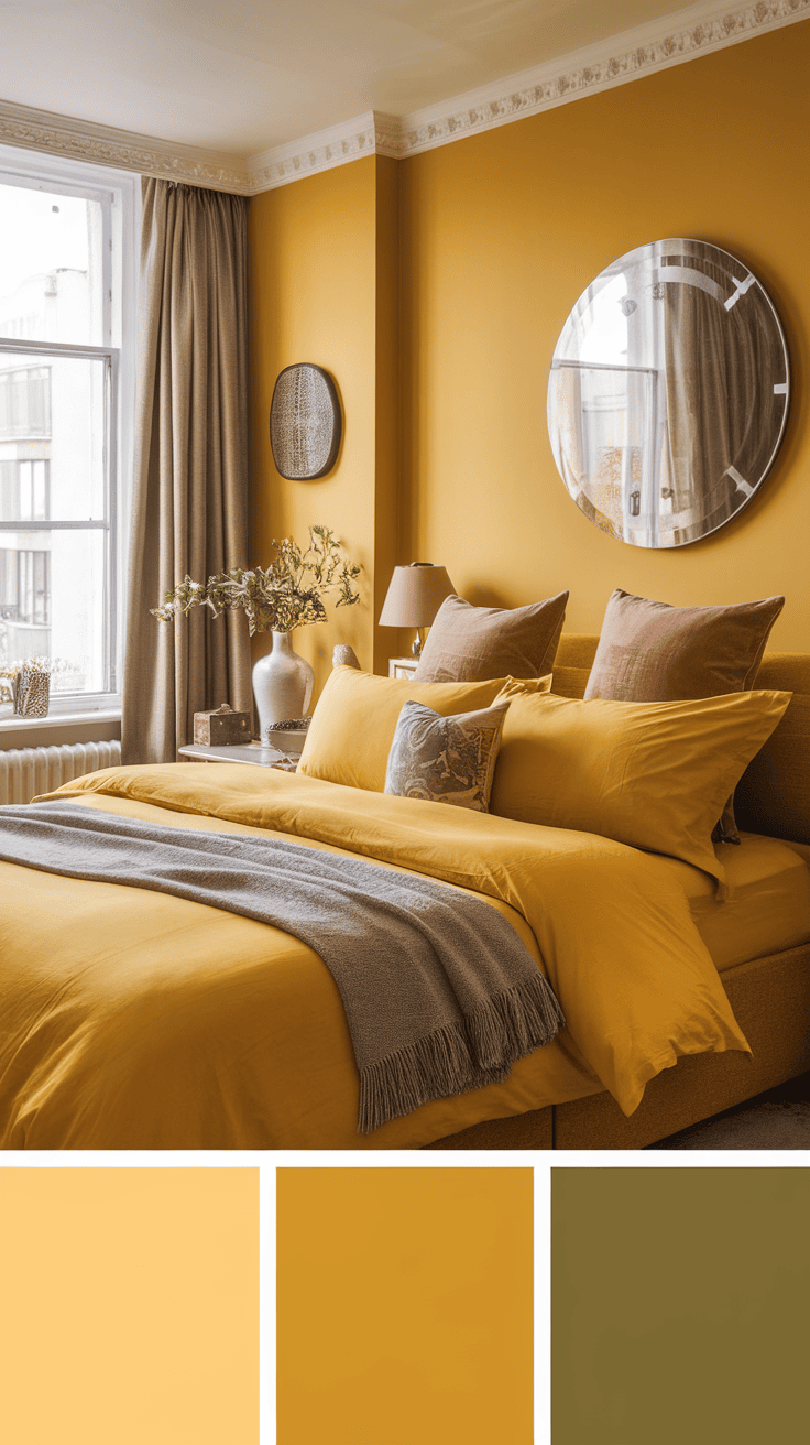 Cozy primary apartment bedroom with soft yellow bedding and warm decor.