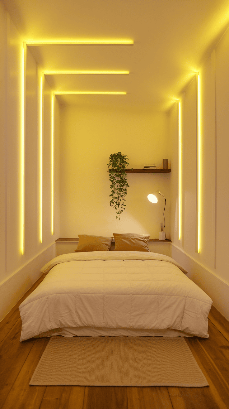 A cozy bedroom with soft yellow lighting fixtures hanging from the ceiling, creating a warm atmosphere.