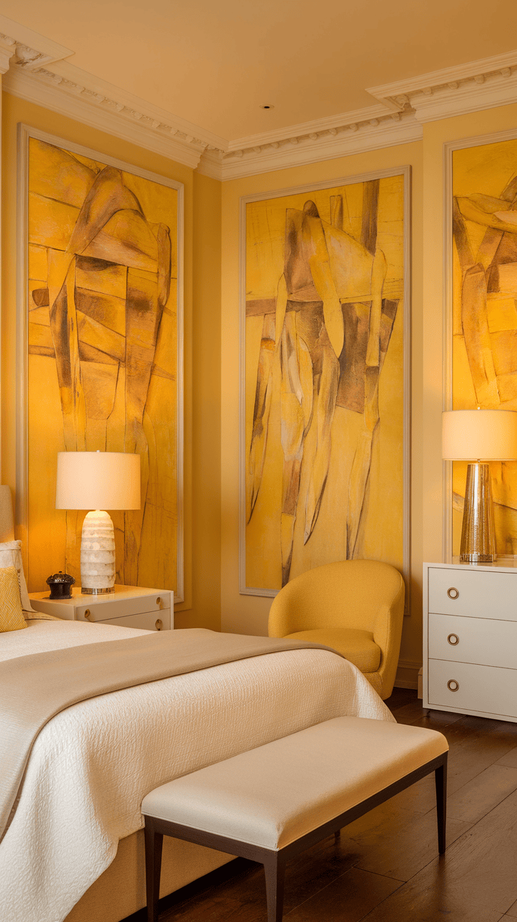 A bright and stylish bedroom with yellow artwork on the walls, showcasing a cozy atmosphere with modern furnishings.