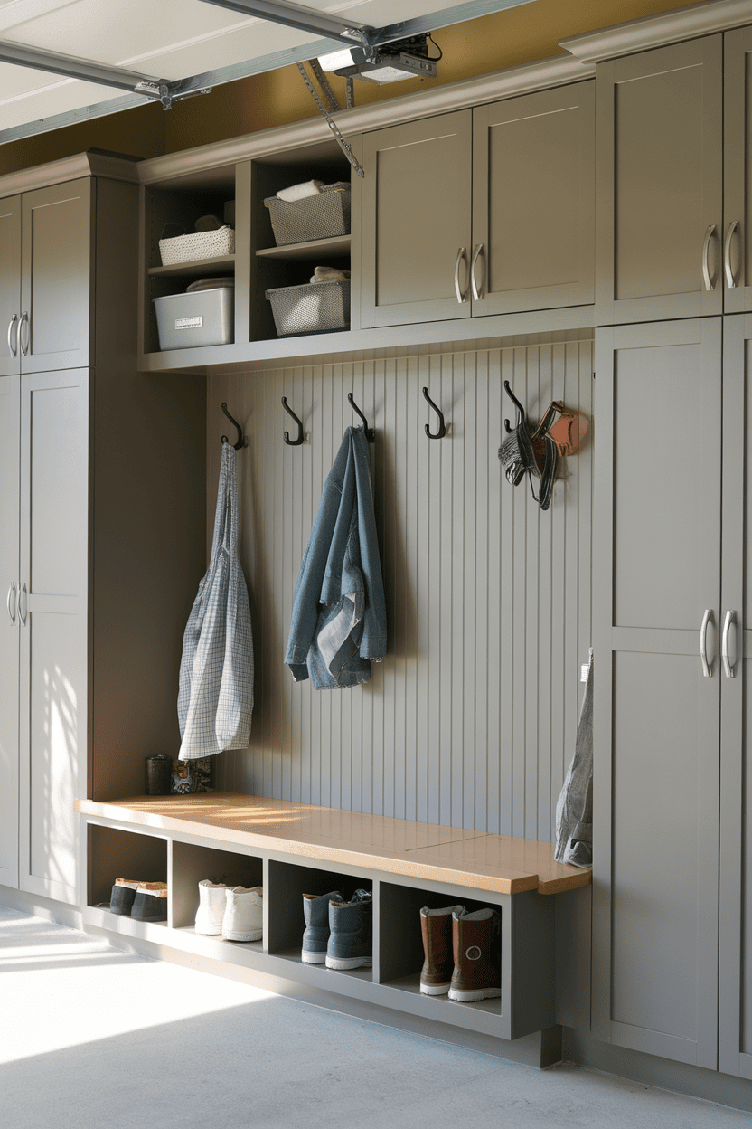 A compact garage mudroom featuring storage cabinets, hooks for hanging items, and a bench with shoe storage.