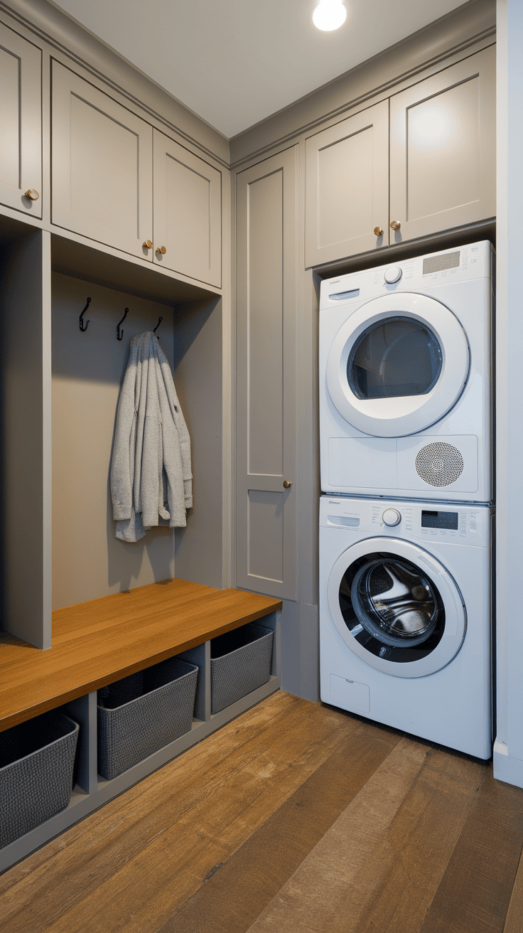 A compact laundry area featuring stackable washer and dryer units with organized storage.