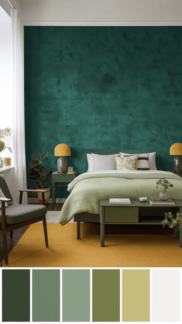 Bedroom featuring emerald wallpaper, yellow accents, and cozy decor.