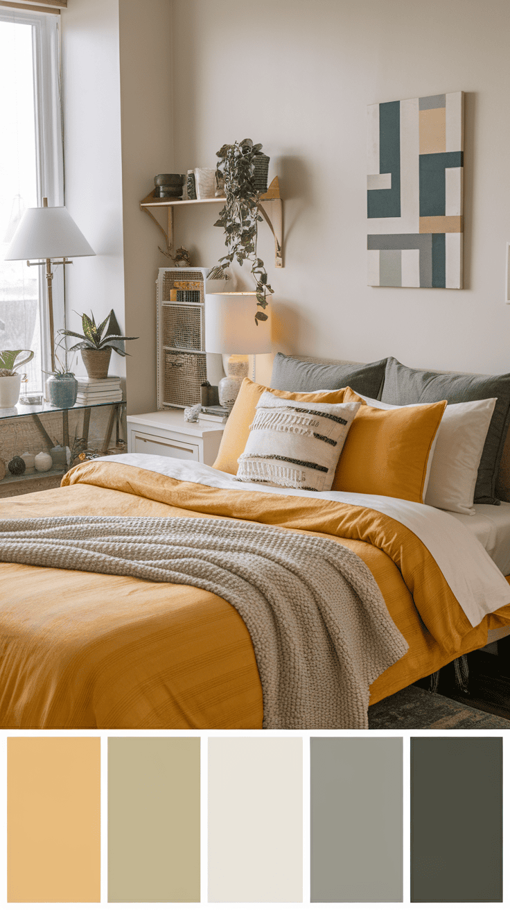 Cozy bedroom with warm yellow and neutral bedding, featuring plants and decorative elements.