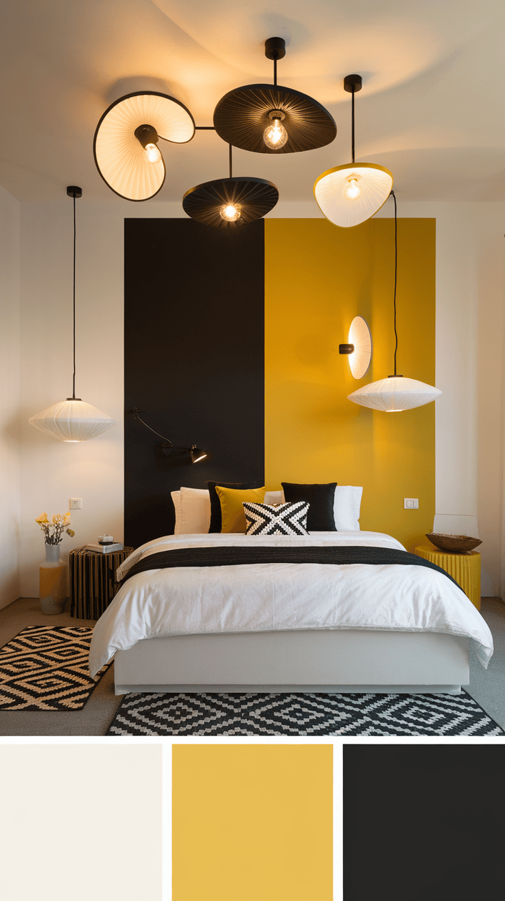 A stylish bedroom with unique lighting fixtures and a modern color scheme.