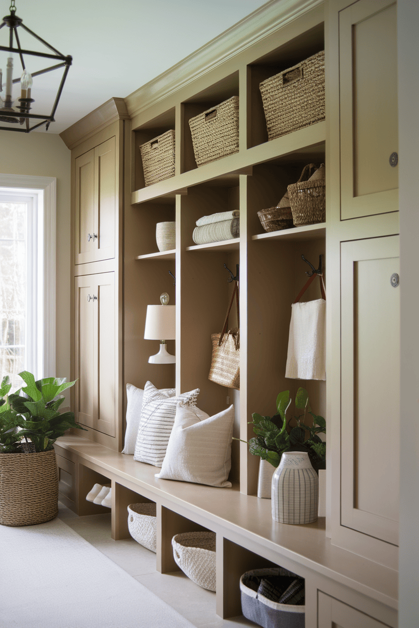 Stylish mudroom with cabinets and organized storage