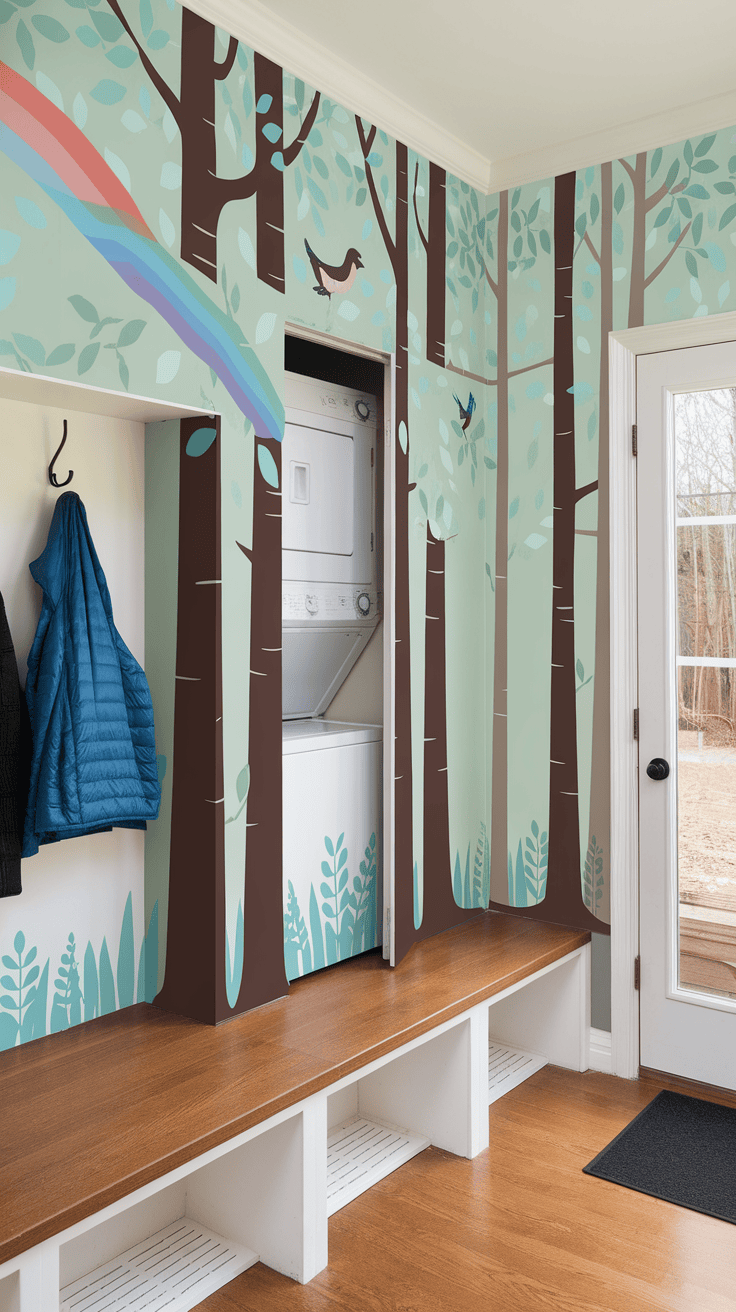 A stylish mountain mural in a laundry room featuring trees and a pastel color scheme.