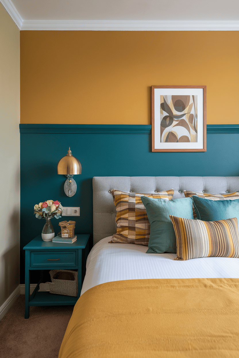 A stylish bedroom featuring mustard yellow and teal accents with decorative pillows and a bedside lamp.