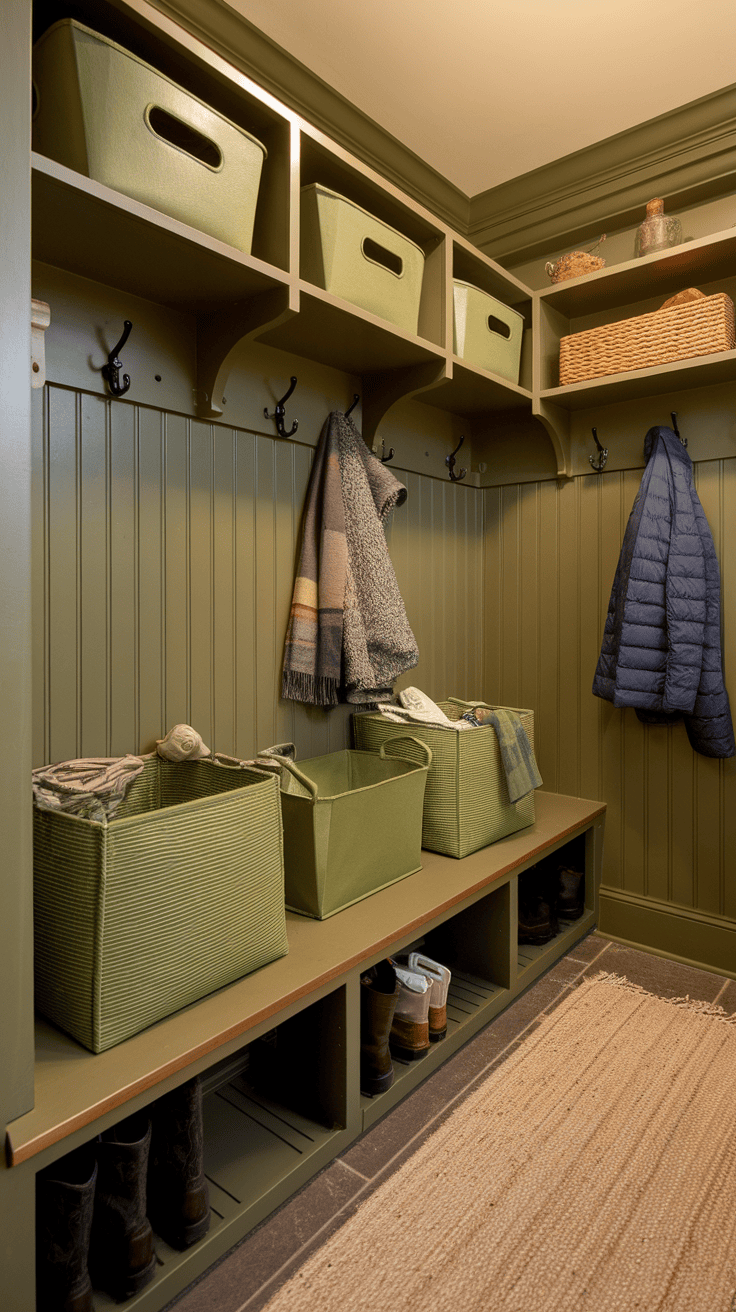 An entryway with green storage baskets, hooks for hanging items, and a cozy rug.