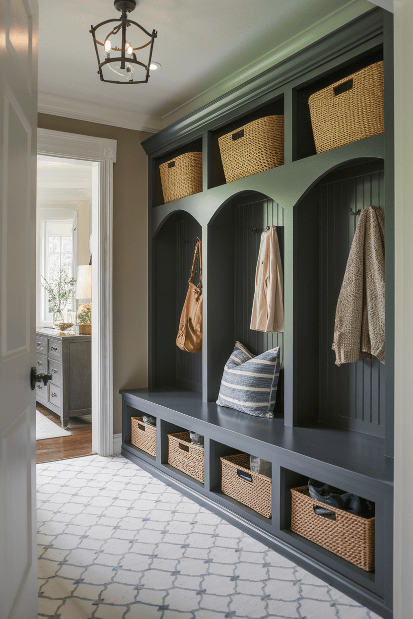 A narrow mudroom entryway featuring a built-in storage unit with baskets, hooks, and a bench.