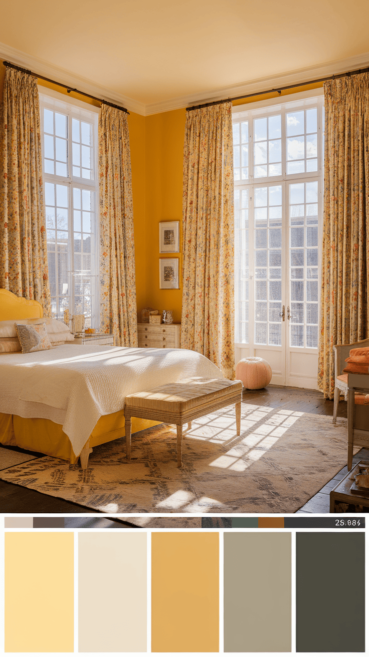 A cozy bedroom with sunlit windows and floral drapes, featuring warm colors and inviting decor.