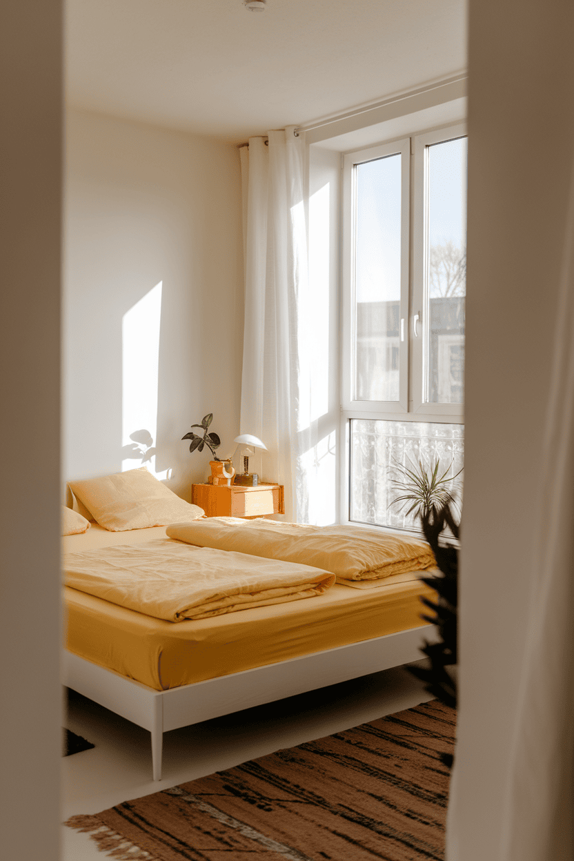 A bright and minimalist bedroom with yellow bedding and a window letting in sunlight.