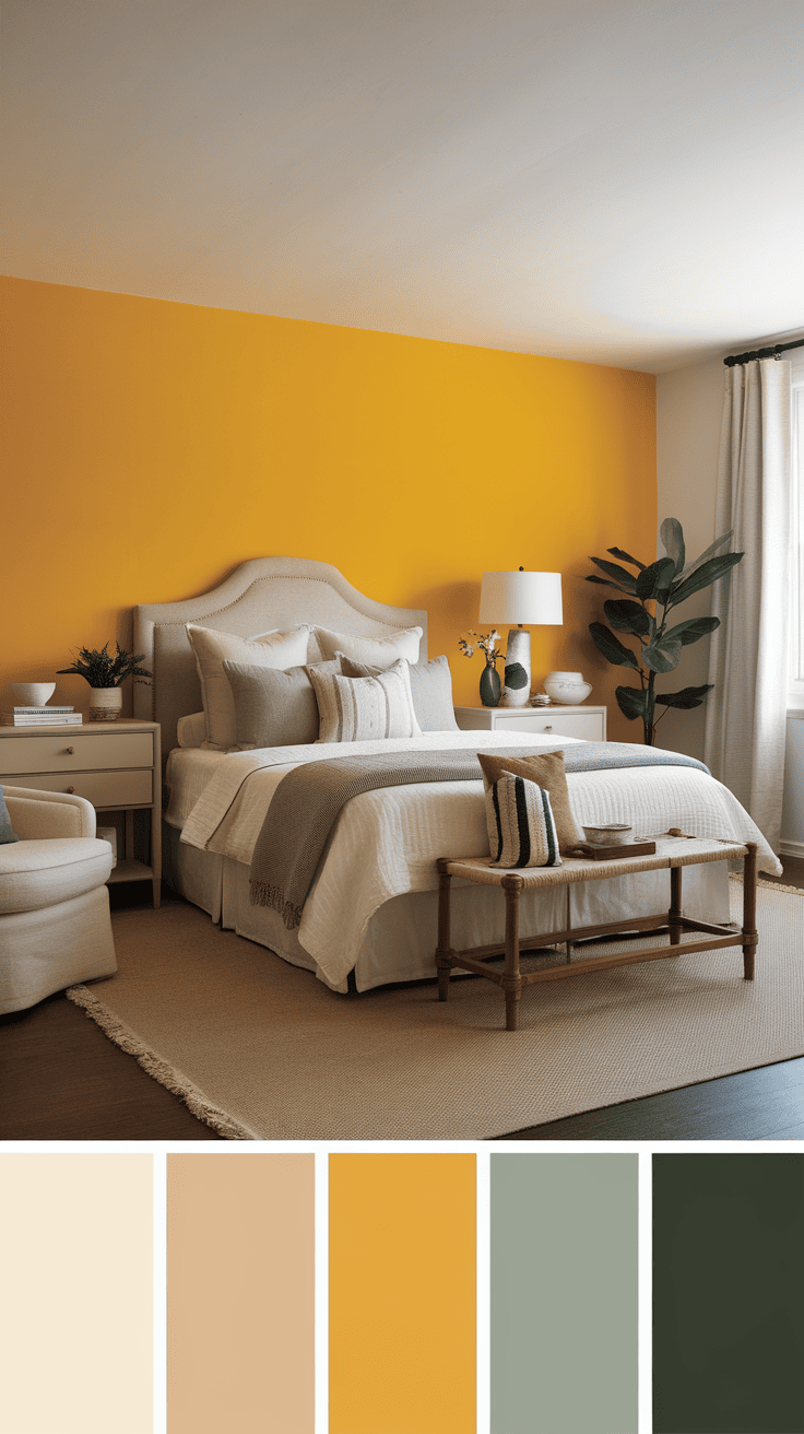 A bright yellow accent wall in a cozy bedroom with neutral decor.