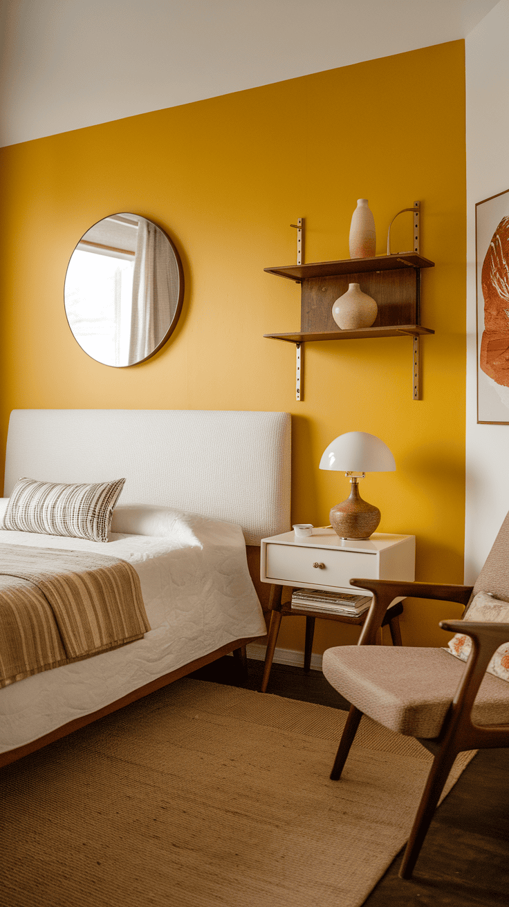 A cozy bedroom featuring a bright yellow accent wall, white bed, and mid-century modern decor.