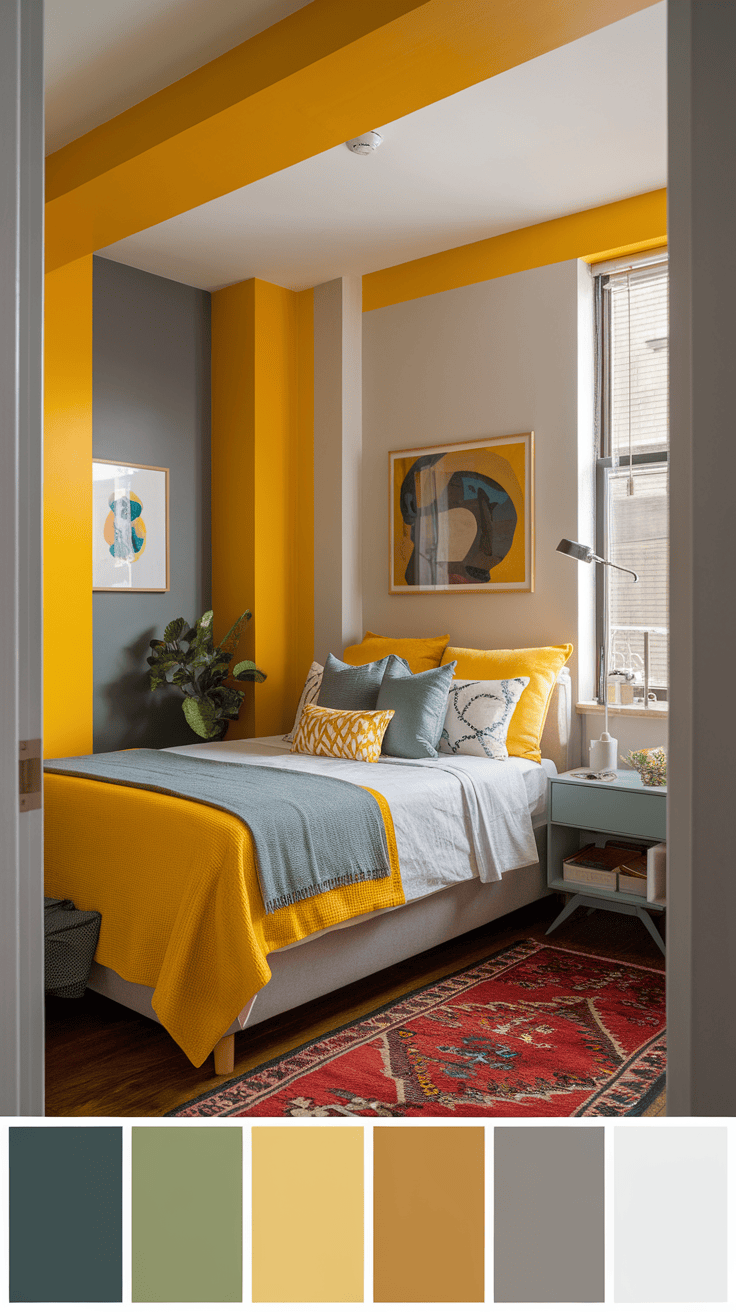 A cozy bedroom featuring sunny yellow accents with a blend of earthy tones.