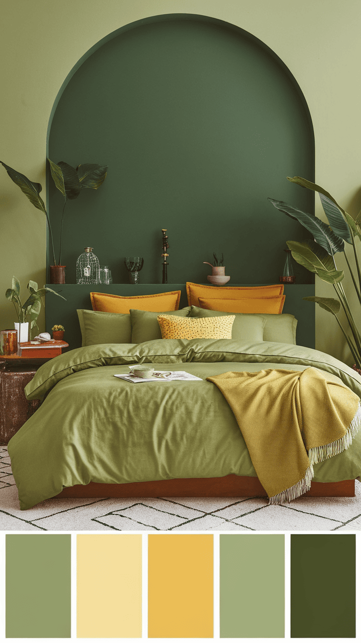 A cozy bedroom featuring a mix of yellow and green bedding with green walls and plants.