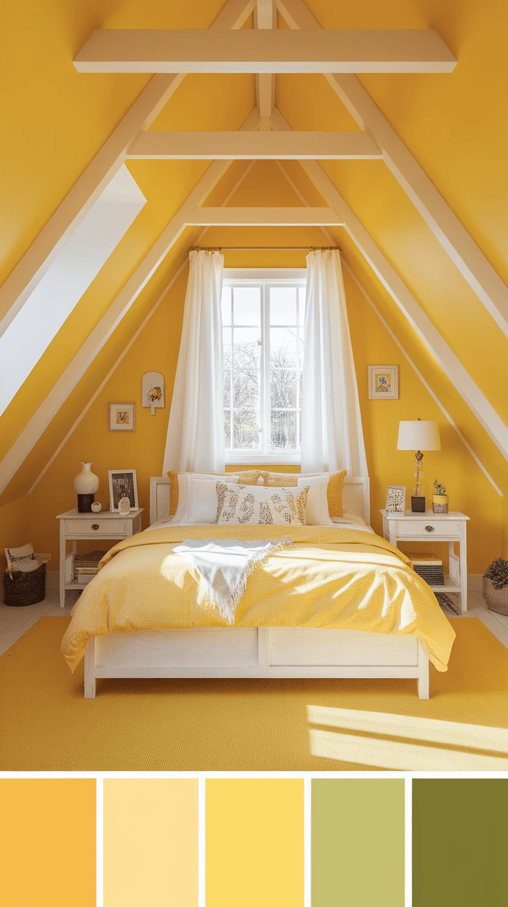 Cozy yellow attic bedroom with white accents and natural light