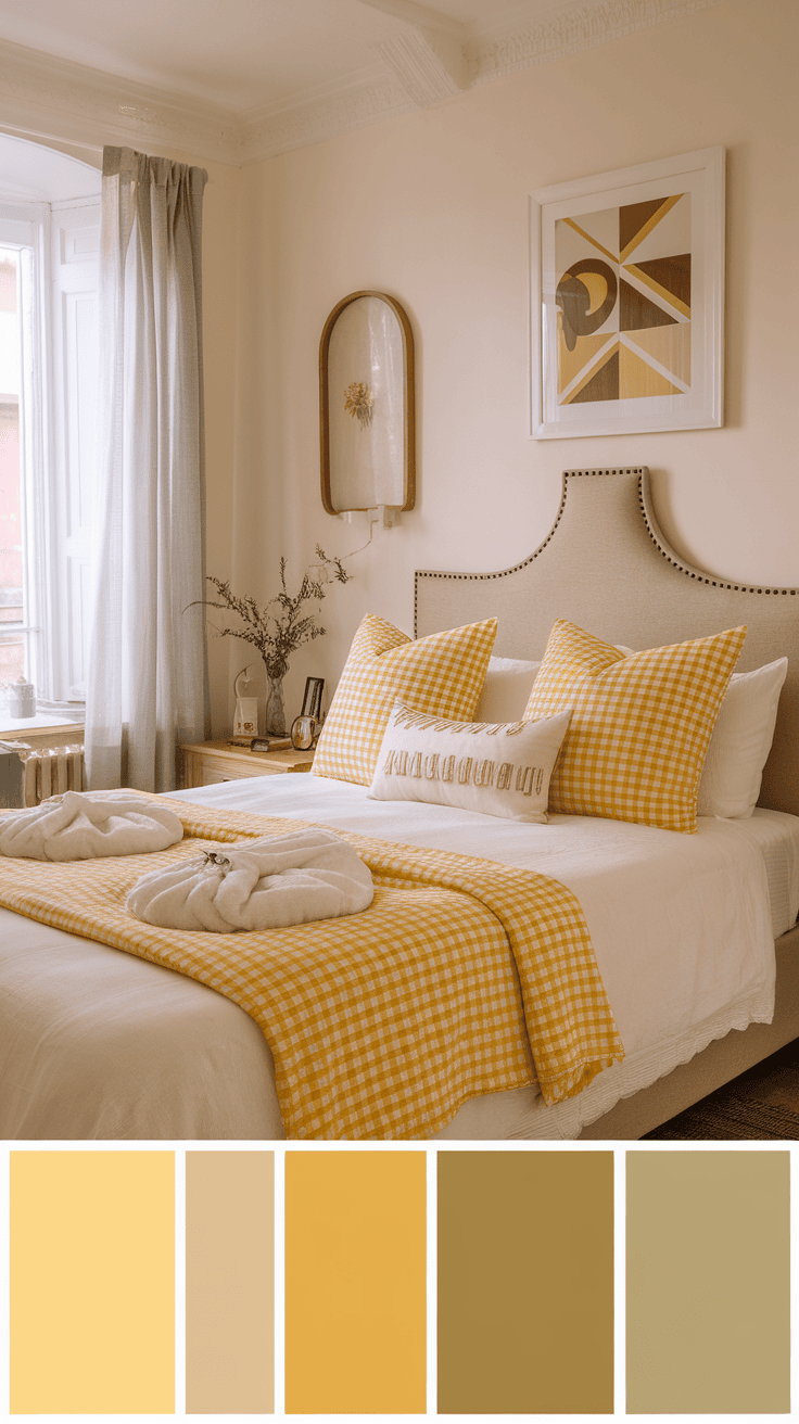 A cozy bedroom featuring sunny yellow gingham accents on the bedding and pillows.