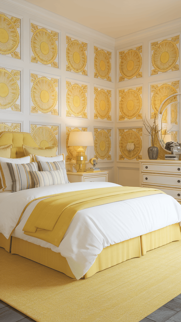 Bright yellow sunshine-inspired wall art in a bedroom setting