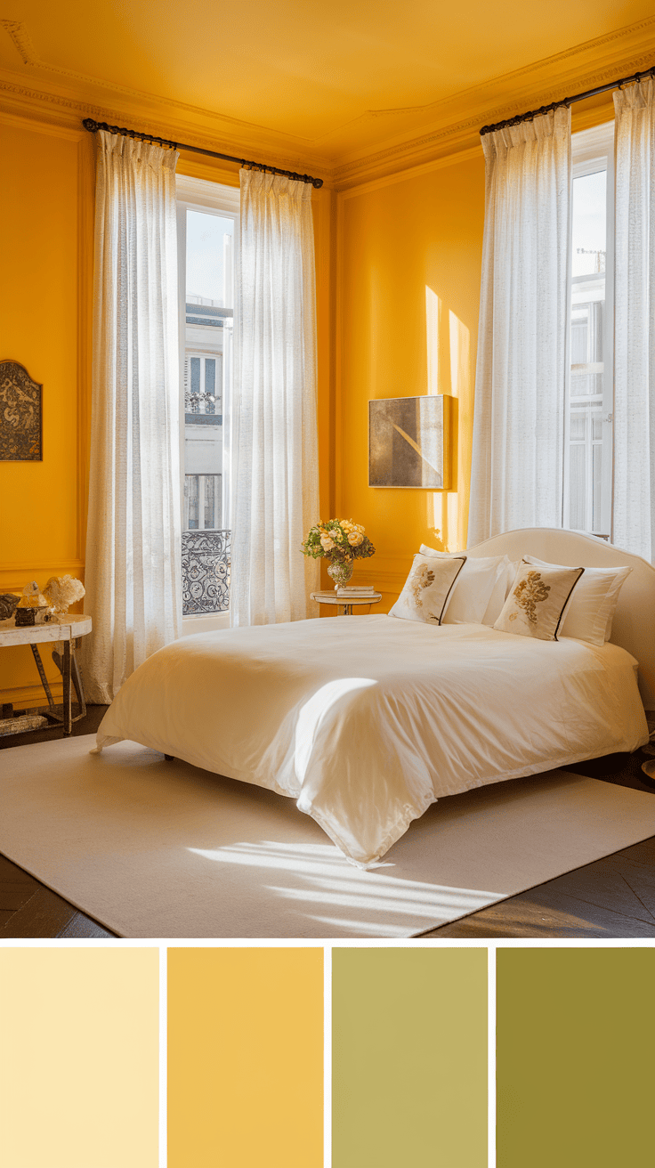 A bright Parisian yellow bedroom with white bedding and natural light.