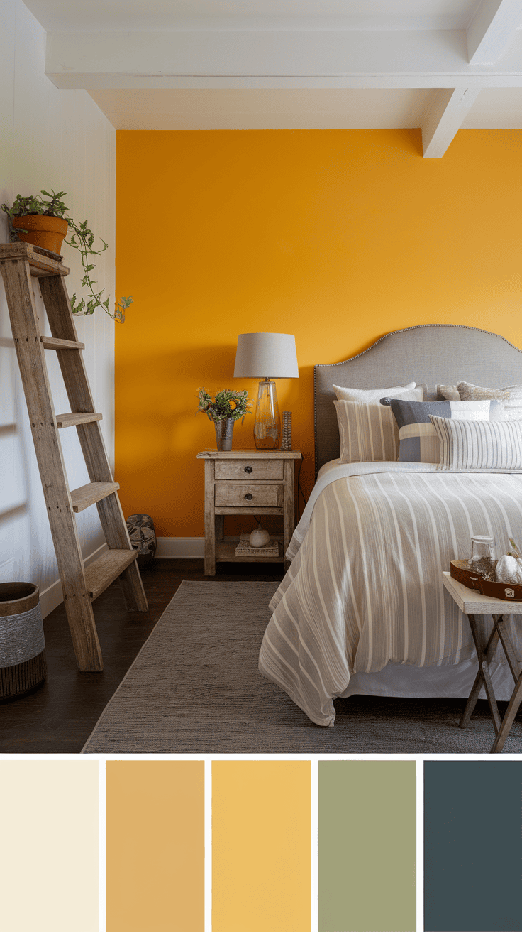 A cozy yellow and grey farmhouse bedroom with a sunshine yellow accent wall.