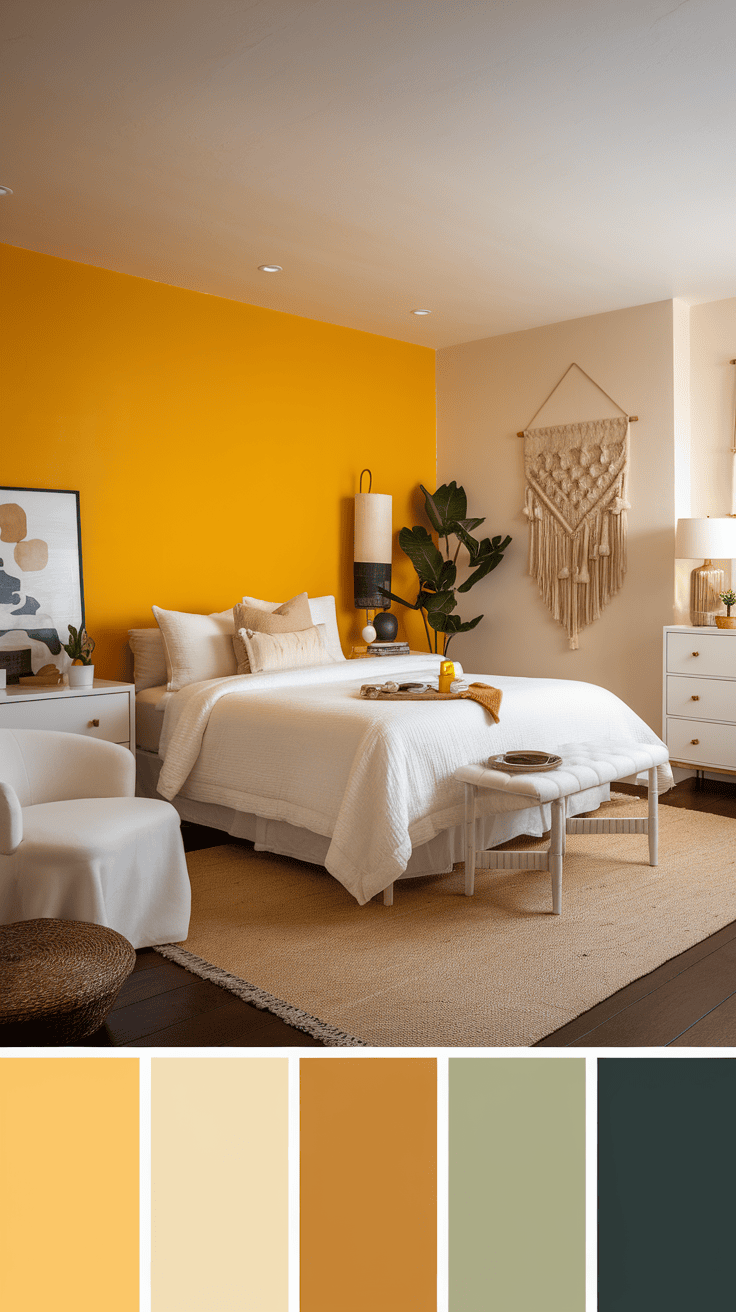 A bright yellow accent wall in a cozy bedroom with white bedding and earthy decor.