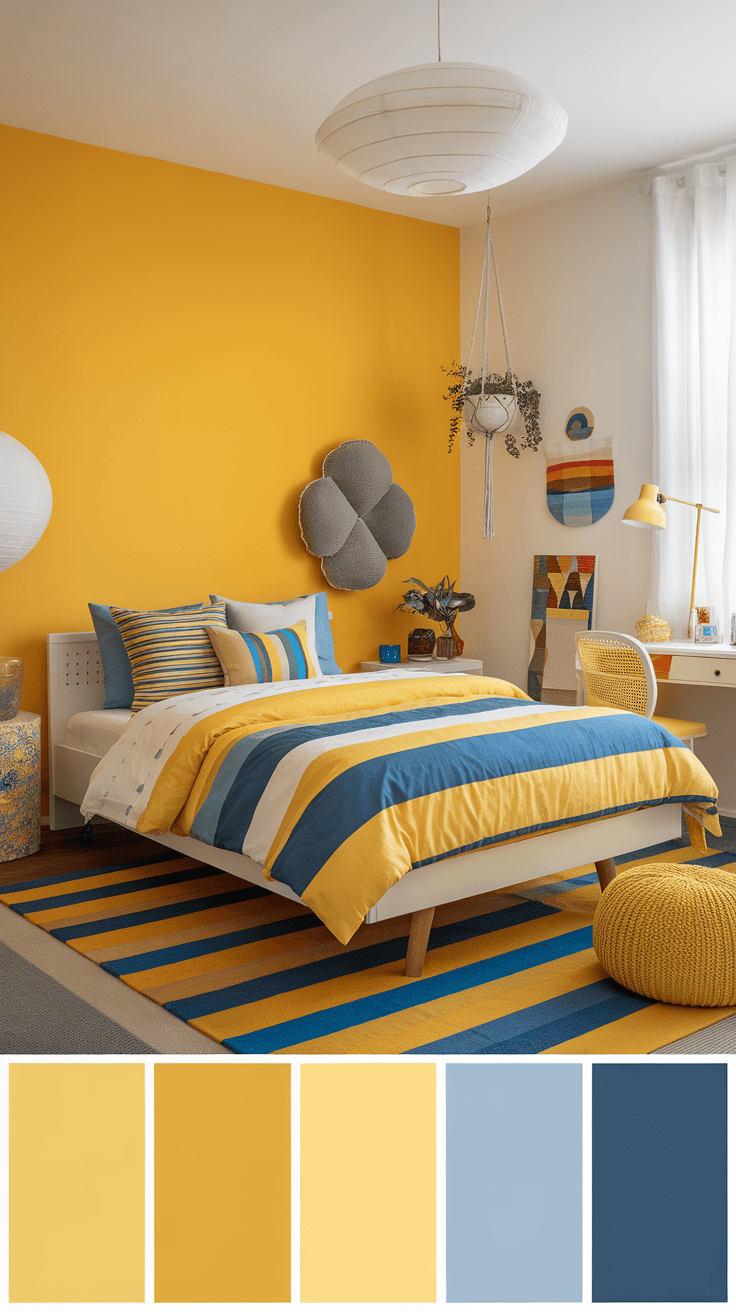 Eclectic bedroom with a yellow accent wall, featuring a bed with striped bedding and colorful decor.