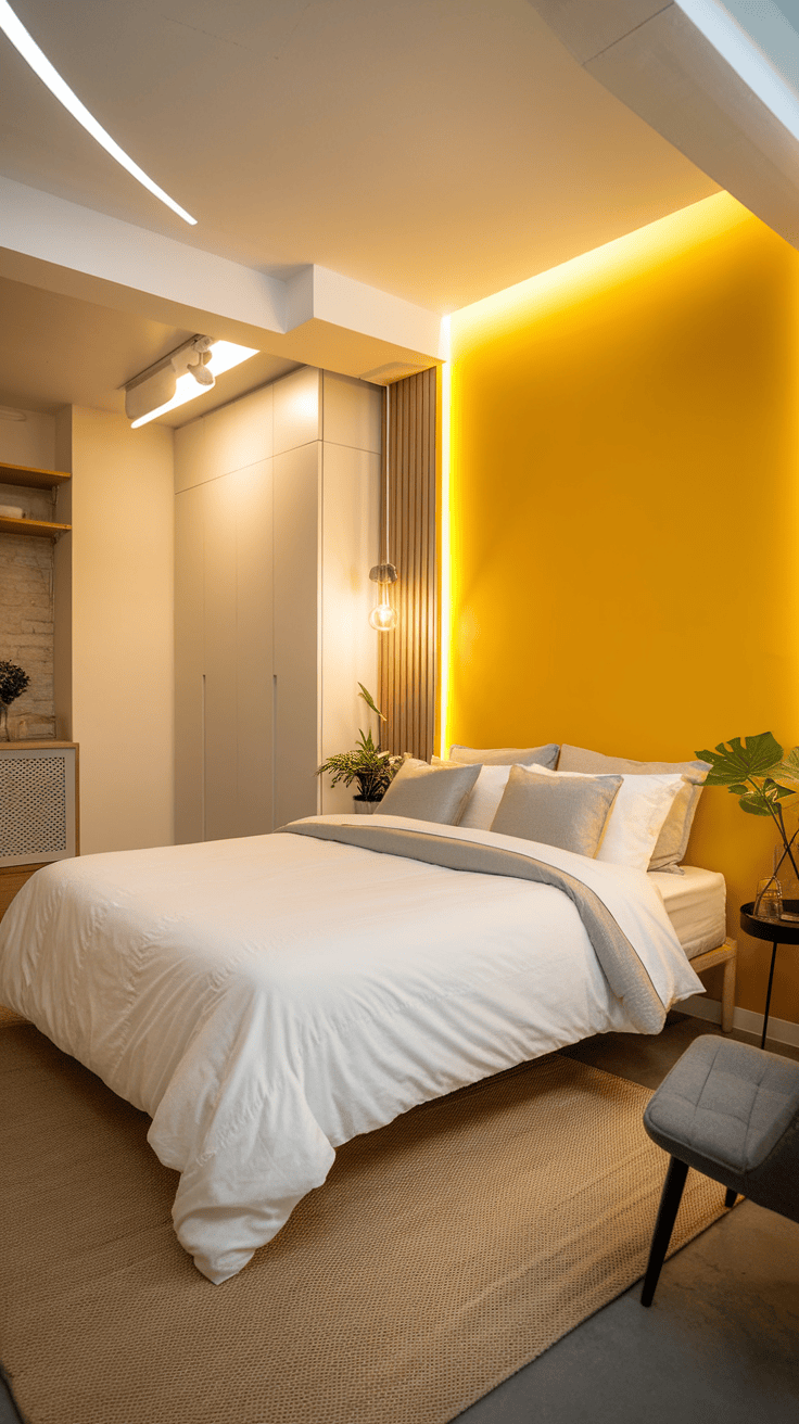 A cozy bedroom featuring a bright yellow accent wall, white bedding, and stylish decor.